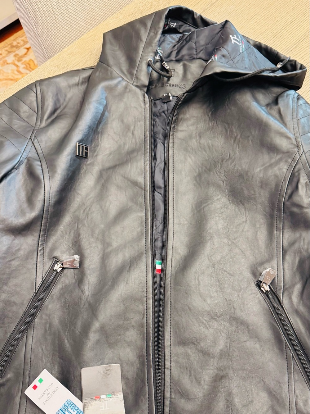 Men's Black vegan Leather Zip-Up Hooded Jacket
